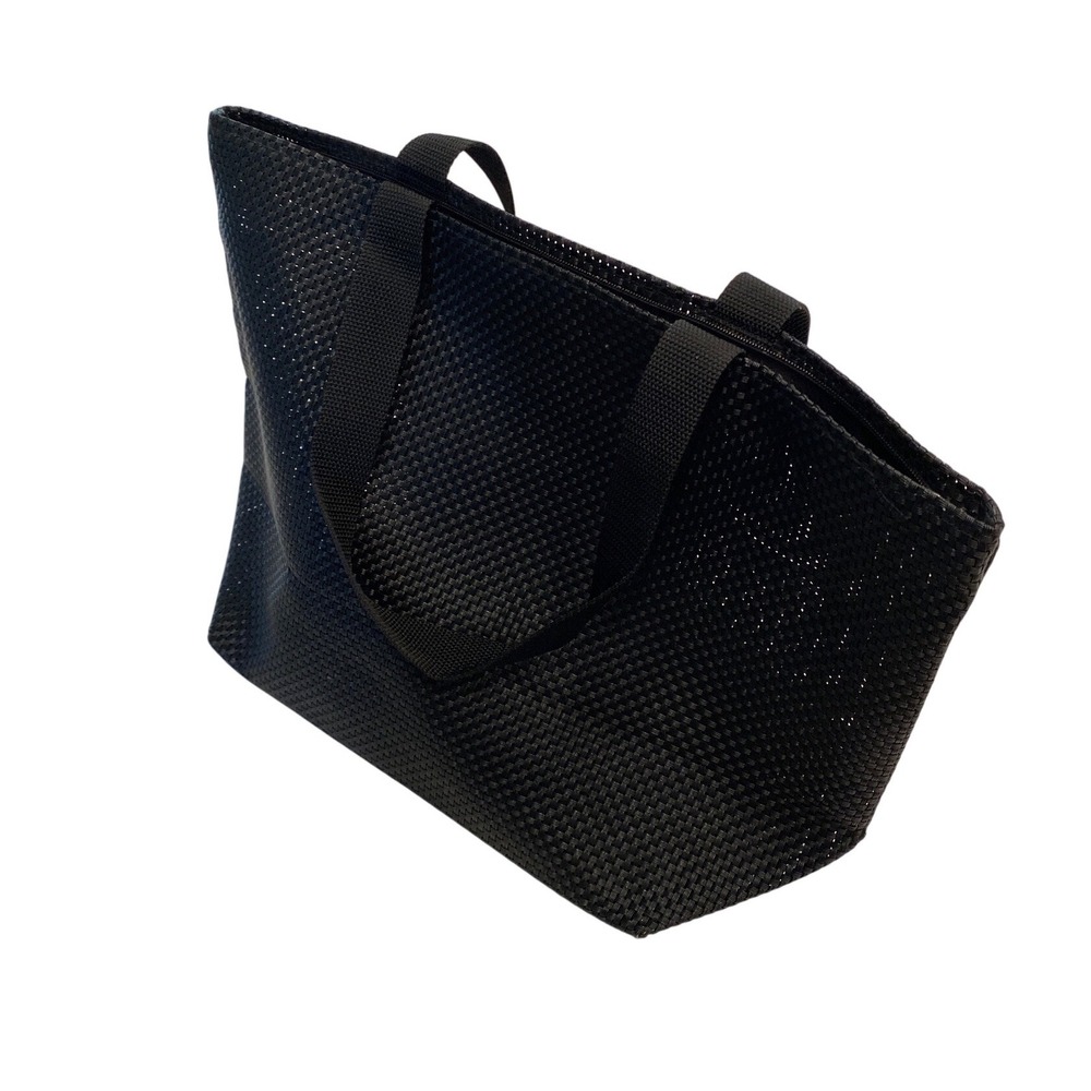 Chilewich Black Woven Vinyl Zippered Tote Bag with Shoulder Straps